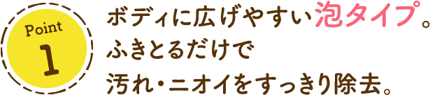 ボディに広げやすい泡タイプ。ふきとるだけで汚れ・ニオイをすっきり除去。