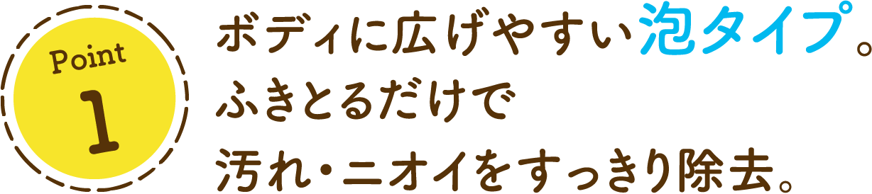 Point 1ボディに広げやすい泡タイプ。ふきとるだけで汚れ・ニオイをすっきり除去。