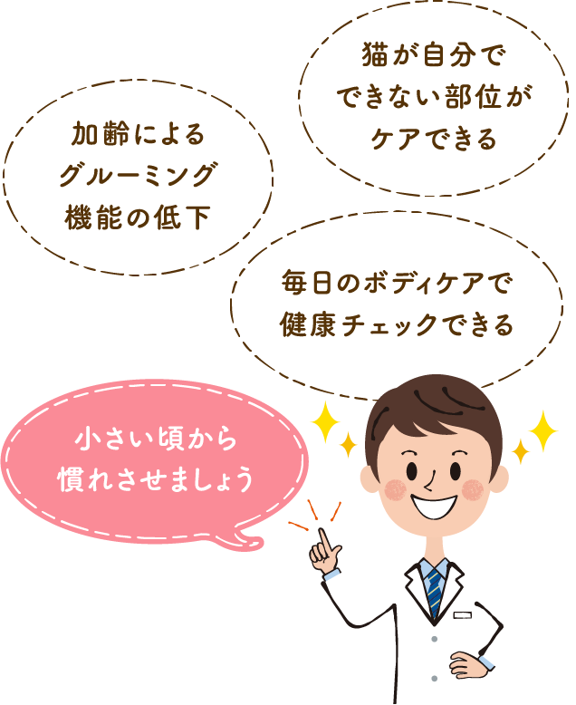加齢による グルーミング 機能の低下 猫が自分で できない部位が ケアできる 毎日のボディケアで 健康チェックできる 小さい頃から 慣れさせましょう