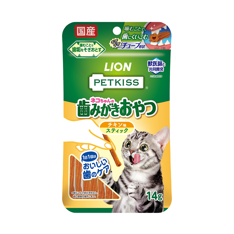 パッケージ写真：PETKISS ネコちゃんの歯みがきおやつ チキン味 スティック