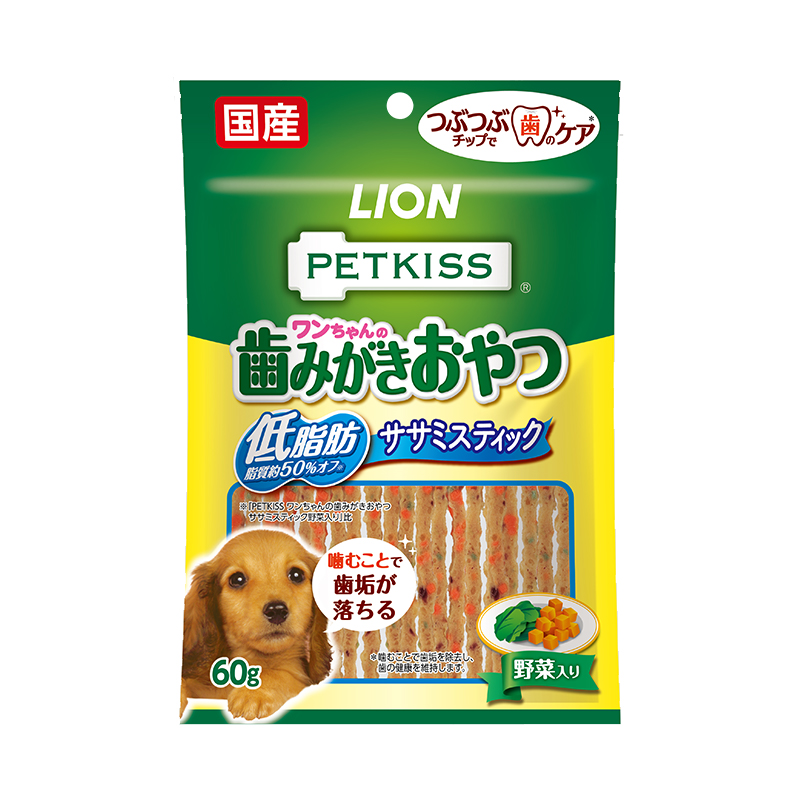 パッケージ写真：PETKISS ワンちゃんの 歯みがきおやつ 低脂肪ササミスティック 野菜入り