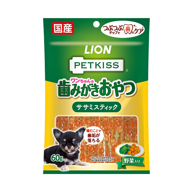 パッケージ写真：PETKISS ワンちゃんの歯みがきおやつ ササミスティック 野菜入り