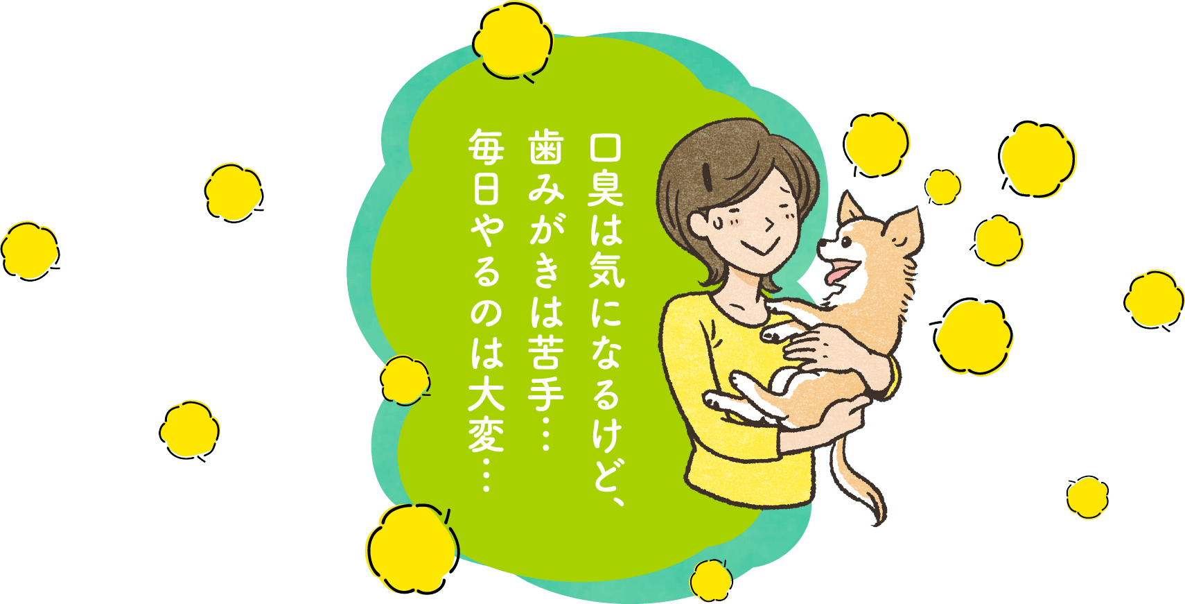 口臭は気になるけど、 歯みがきは苦手… 毎日やるのは大変…