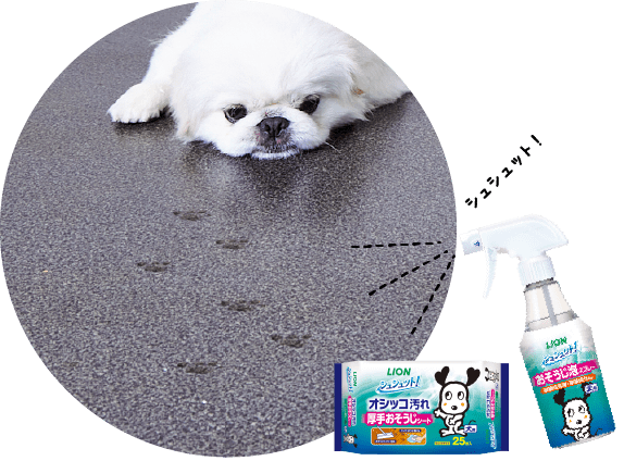 足跡のついた床に シュシュット!